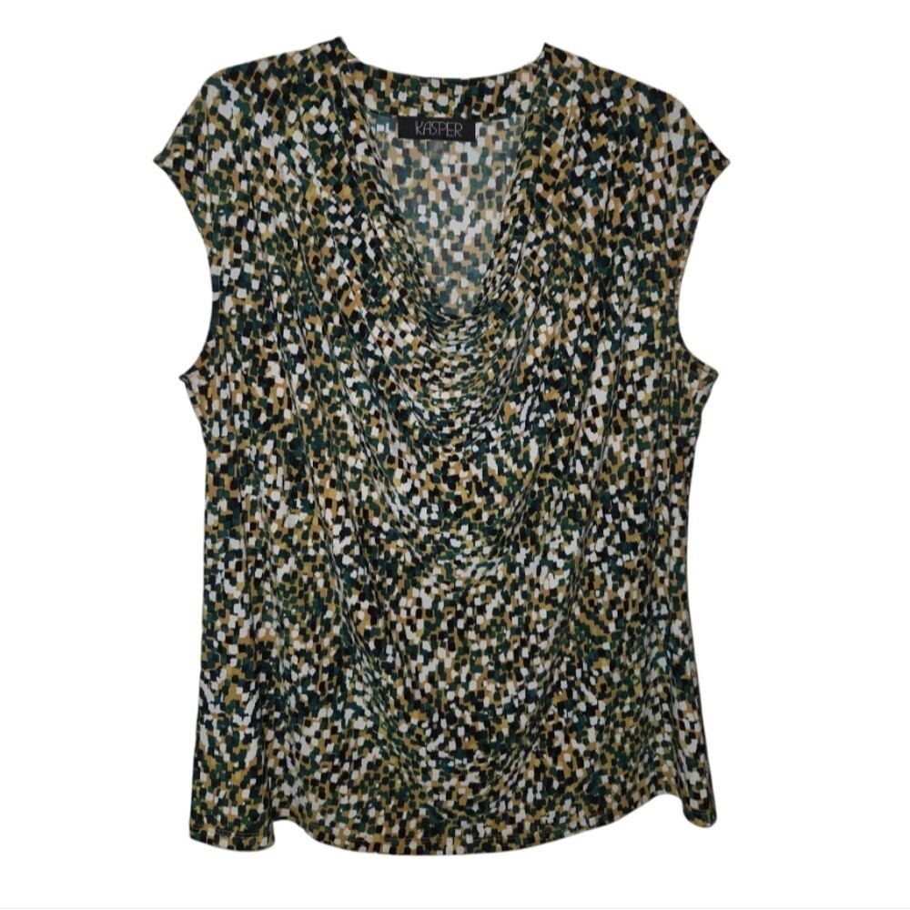 Kasper Green Gold Multi Print Stretch Sleeveless Blouse Tank Top